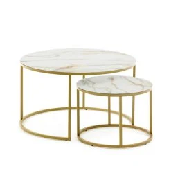 La Forma Table Basse Gigogne Ronde (lot De 2) Effet Marbre Blanc Et Fer Doré - Léonor