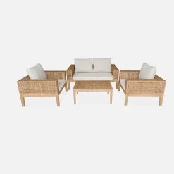 Alice's Garden Salon De Jardin 4 Places En Cannage Et Acacia Brossé Et Coussins Beige - Olinda -SEMA design Boutique 649045 FRN02 WEB