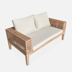 Alice's Garden Salon De Jardin 4 Places En Cannage Et Acacia Brossé Et Coussins Beige - Olinda -SEMA design Boutique 649045 FRN03 WEB